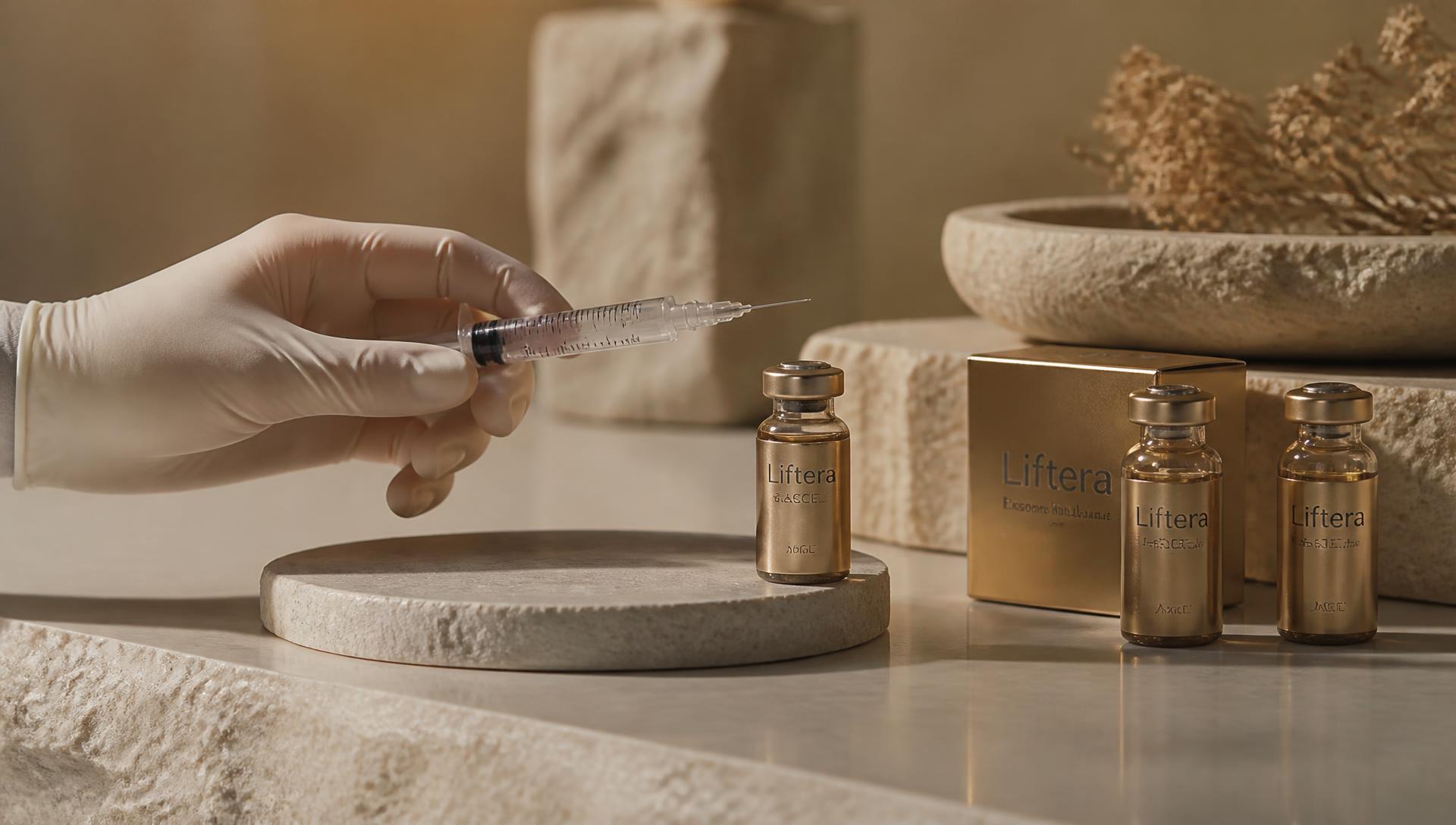 Gold-toned treatment vials and a syringe on an ivory stone surface